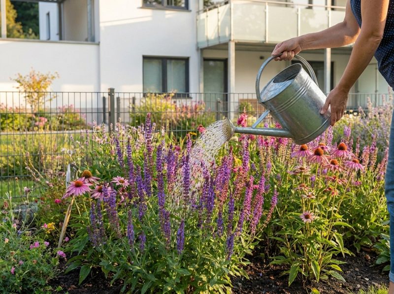 Visualisierung: Blumenbeet im eigenen Garten wird mit der Gießkanne gegossen